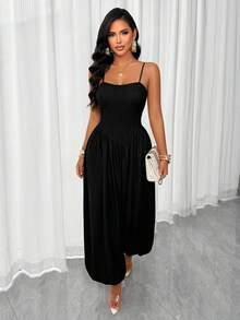 AIJ Elegant Women's Black Sleeveless Backless Jumpsuit, Spaghetti Strap Long Camisole Style, Ruched Woven Fabric, Summer - Black - View 2