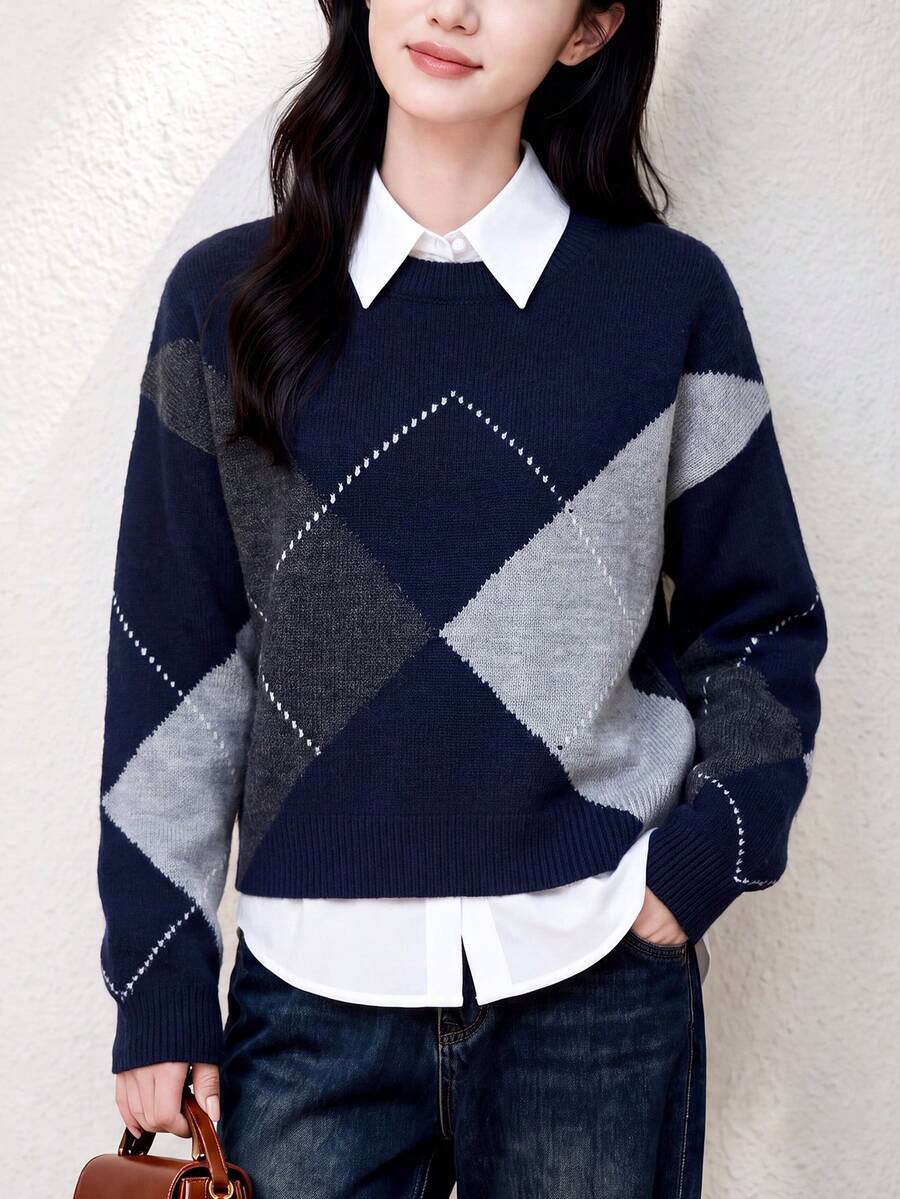 Women's New Autumn/Winter Minimalist Style Large Rhombus Pattern Crew Neck Pullover Sweater - Navy Blue - View 1