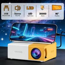 ZZPQVT 可攜式投影機,支援 1080P,USB 供電,內建立體聲喇叭,梯形校正,附遙控器,相容多種裝置,家用劇院戶外露營電影投影機,提升您的電影、電視與遊戲體驗 - 黃白色 - 查看 5