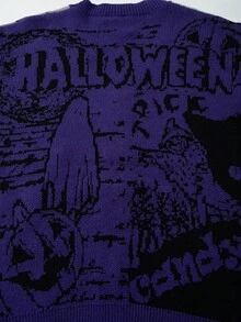 ANDREILEE Men's New Halloween Autumn Winter Casual Loose Minimalist V-Neck Button-Up Cardigan Sweater With Cute Cartoon Pattern And English Letter, Long Sleeve Knit Jacket - Purple - View 6
