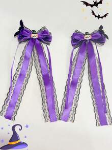 2pcs Girls Halloween Dark Lace Bow Bat Decor Ribbon Ponytail Hair Clips - Purple - View 5