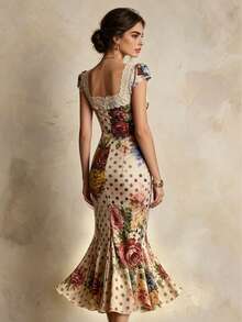 ELYRADIA Gaun Midi Bodycon Seksi Motif Polkadot Bunga untuk Wanita, Gaun Pesta Vintage Musim Panas dengan Hiasan Renda, Lengan Pendek, Bagian Depan Berkerut, dan Hem Terompet. - Krem - View 5
