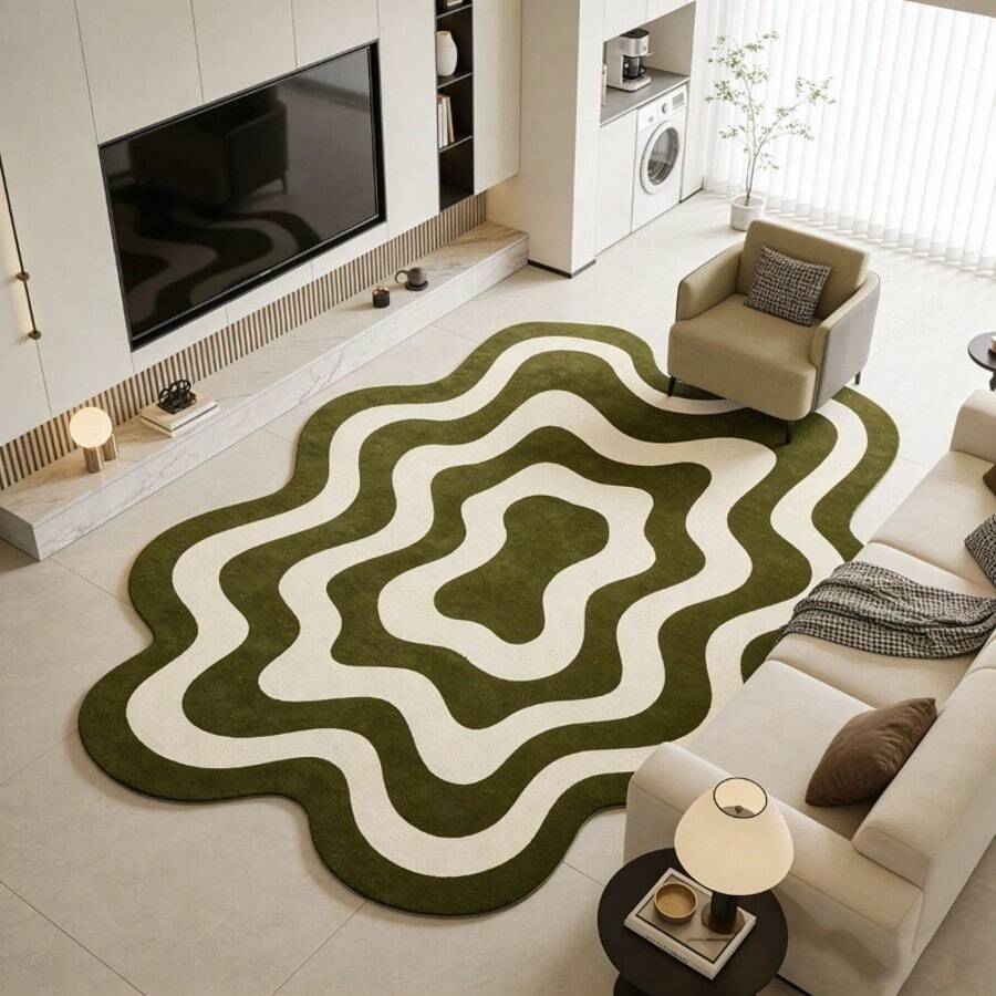 1pc Mori Style Olive Green Wavy Shaped Large Area Rug, Minimalist Geometric Striped Design Carpet, Hand-Cut With 1-5cm Error, Living Room Rug, Carpet, Living Room Area Rug, Mat, Home Decor, Large Living Room Rug, Room Decor, Autumn/Winter Rug, Office Rug, Washable Rug - Multicolor - View 1