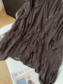 GMFP Women's Autumn Deep Coffee V-Neck Ruffle Lantern Sleeve Short Chiffon Blouse, Bohemian Style Ruffle, Daily Gathering Back To School Graduation Season Women's Outfit Piece, Halloween Christmas Top - Brown - View 5