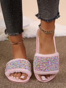 Women's Open Toe Flat Fuzzy Slippers With Colorful Sequin Decor, Hot Girl Style, Warm Casual Home Slippers For Autumn/Winter - Pink - View 3