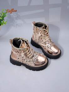 1 Pair Girls' Sequin Glitter Metallic Mirror PU Round Toe Mid-Calf Lace-Up Thick Sole Chunky Heel Shiny Boots, Side Zipper For Easy On/Off, Suitable For Autumn/Winter Party, Performance, Holiday Outfits - Gold - View 1