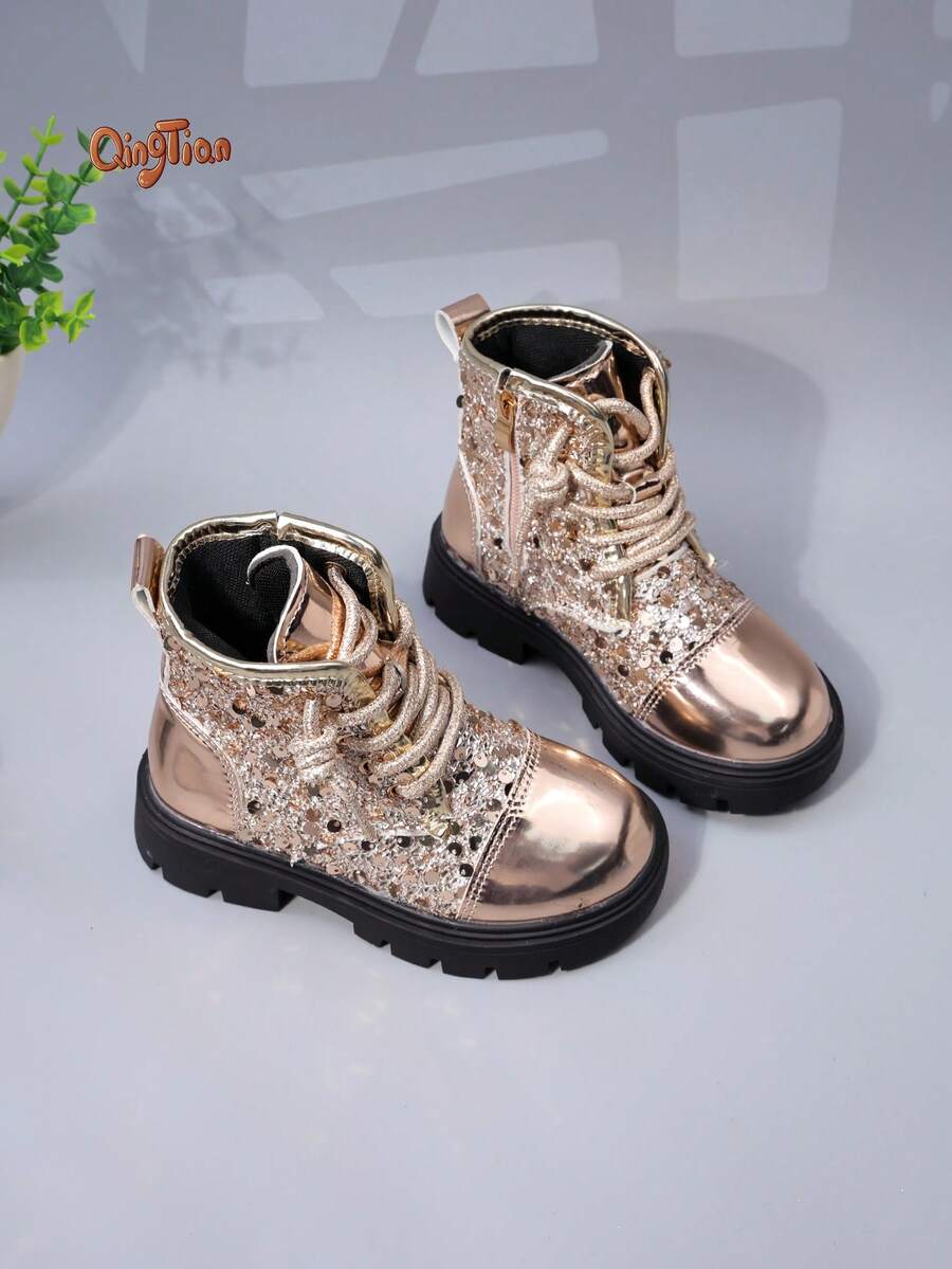 1 Pair Girls' Sequin Glitter Metallic Mirror PU Round Toe Mid-Calf Lace-Up Thick Sole Chunky Heel Shiny Boots, Side Zipper For Easy On/Off, Suitable For Autumn/Winter Party, Performance, Holiday Outfits - Gold - View 1