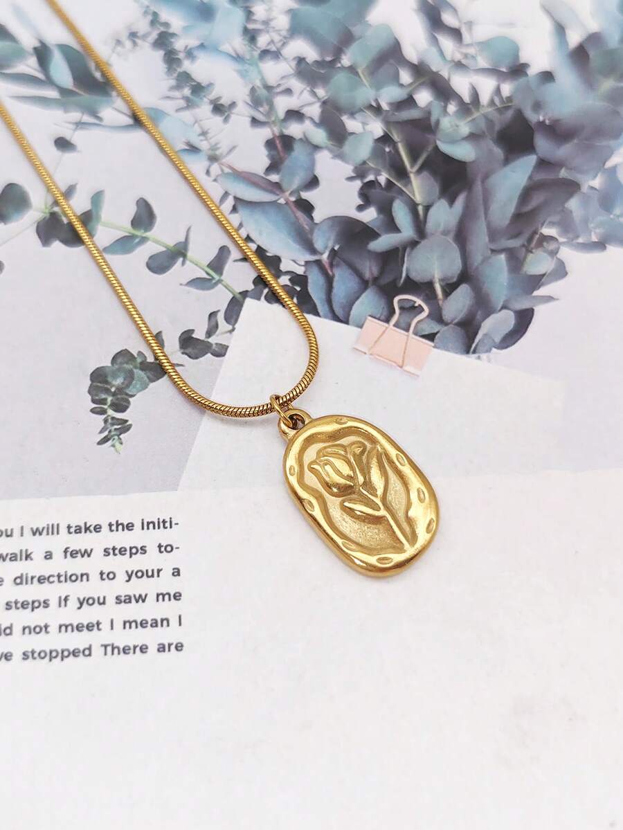 1 pieza Collar colgante de tulipán vintage versátil y premium, material de acero inoxidable de 18K de oro, collar elegante para mujer, adecuado para uso diario, vacaciones en la playa, viajes, combinación de atuendos, citas, fiestas, se puede usar como regalo de vacaciones - Amarillo Oro - Ver 1