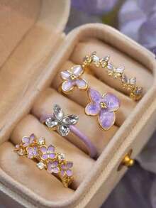 4pcs Premium Fresh French Luxury Niche Elegant Unique Elegant Fashion Versatile High-End Purple Flower Butterfly Rhinestone Openable Ring Set, Fashionable Women's Daily, Holiday, Commute, Banquet, Party Wear - Four-piece Ring Set - View 1
