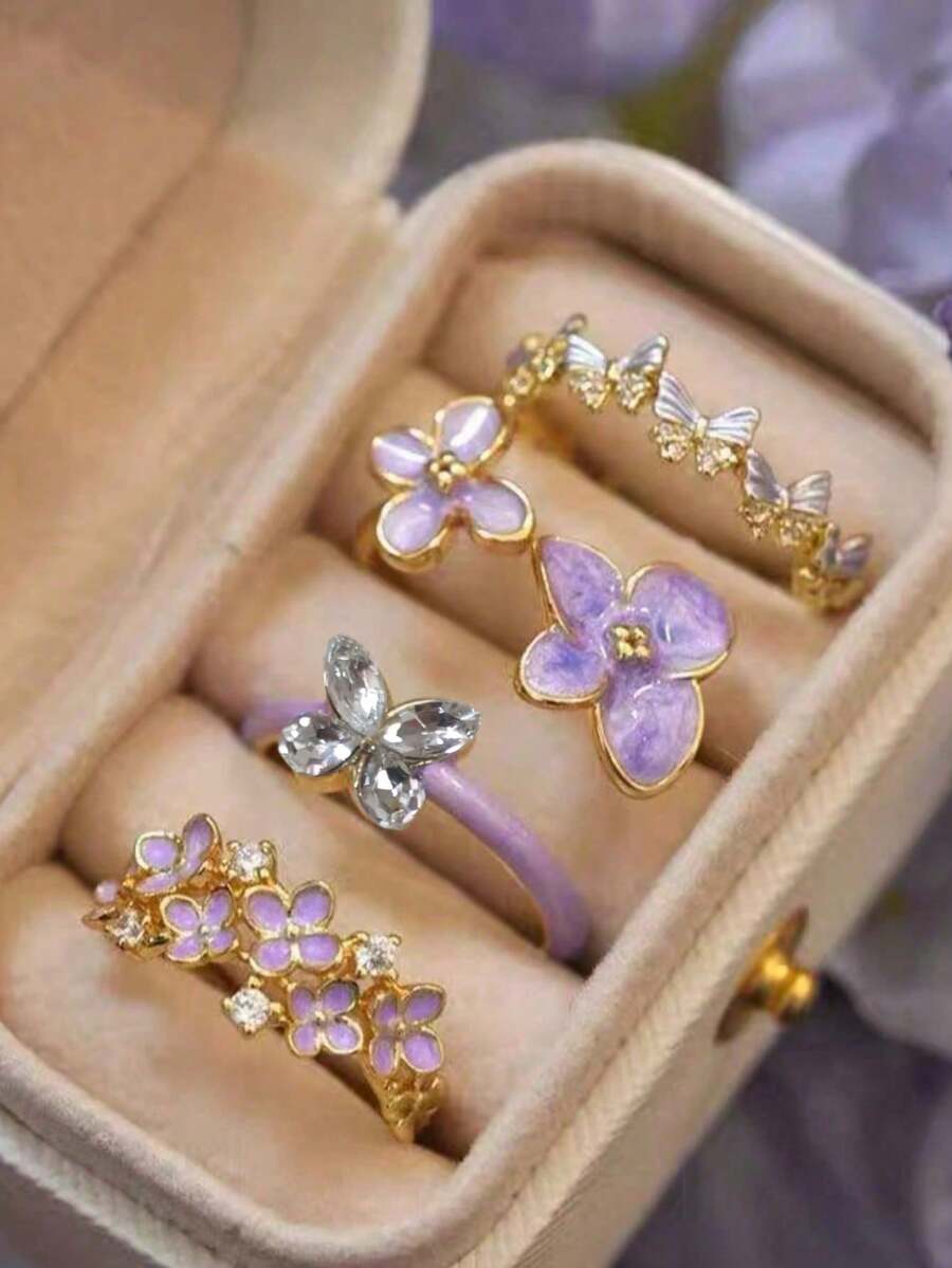 4pcs Premium Fresh French Luxury Niche Elegant Unique Elegant Fashion Versatile High-End Purple Flower Butterfly Rhinestone Openable Ring Set, Fashionable Women's Daily, Holiday, Commute, Banquet, Party Wear - Four-piece Ring Set - View 1