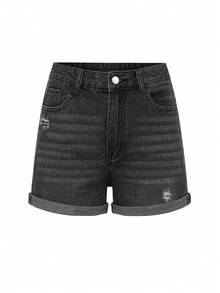 Casual Street Style Women Loose Denim Wide Leg Shorts, Fashion Summer - Black - View 6
