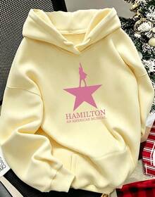 Women'S Y2K Style Hamilton Musical Inspired Hooded Sweatshirt - Official  Musical Graphic Print, Cozy Fleece Pullover With Star & Hamilton Lettering - 深灰色 - 查看 2