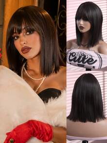 Halloween Straight Hair Wig With Bangs 10 Inch Black-Brown/12Inch Blonde Highlight,Rose Mesh Hat,Suitable For Women,Aesthetic Synthetic Hair Wig,Wig Suitable For Halloween,Suitable For All Races,Retouch Your Face,Perfect Halloween Cosplay Essential - Multicolor - View 2