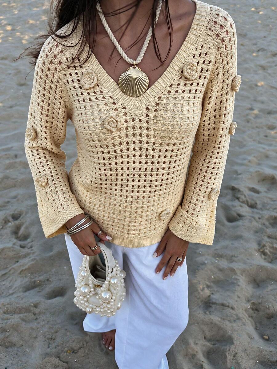 Yepolly-Pop Women For Autumn Elegant Cream Crochet Knit Cardigan, V-Neck 3D Floral Bell Sleeve, Office Daily Party Date Back To School - Apricot - View 1