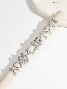 Set de 10 anillos plateados estilo punk con textura asimétrica, banda ancha brillante y arrugada, anillos apilables geométricos asimétricos tipo roca para mujer - Plateado - Ver 5