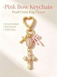 Exquisite Cross Keychain, Pearl Rhinestone Bow Bag Charm. Sweet And Cool Bag Decoration, Birthday And Holiday Gifts For Women Girls. - Multicolor - View 8