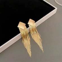 1 Pair Gold-Tone Square Long Tassel Stud Earrings - Yellow Gold - View 7