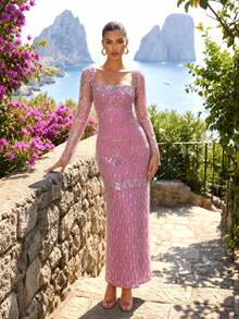 UNITHORSE[Random Cut]Square Neck Long Sleeve Tie Waist Sequin Evening Dress - Red Violet - View 4