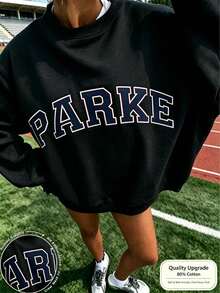 2026New Arrival Bestseller Women's Casual "PARKE" Letter Print Loose Pullover Sweatshirt, Encountering Lazy Fashion, Women's Graphic Tops Clothes. - 黑色2 - 查看 15