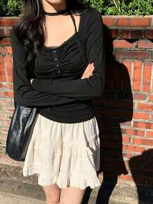 Korean Style Minimalist Sexy Slimming Versatile Lace Long Sleeve T-Shirt Base Layer Top For Women - Black - View 5
