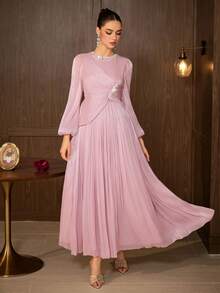 Elegant Pink Evening Gown With Rhinestones, Long Bishop Sleeves, Flared Skirt, Round Neck Formal Dress - Baby Pink - View 4