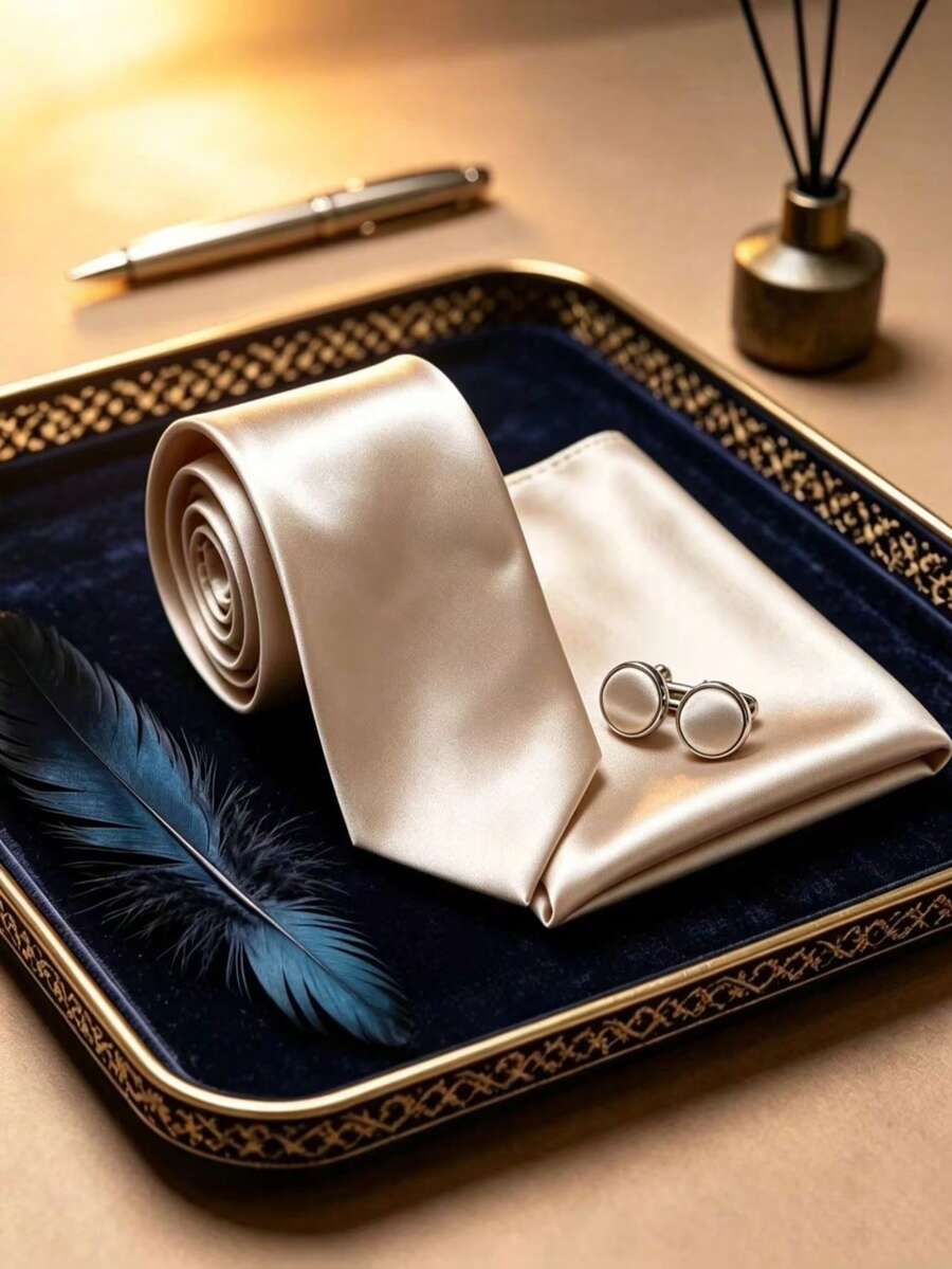 1 Set Silk Solid Color Tie, Pocket Square, Cufflinks 3 Pieces Set Suitable For Business Casual, Wedding, Banquet - Champagne - View 1