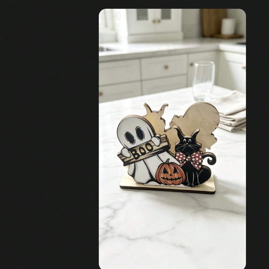 萬聖節木製面紙盒收納架,可愛幽靈黑貓南瓜 Boo 圖案桌面面紙收納盒,秋季萬聖節桌面中心裝飾,詭譎復古農舍風廚房餐桌裝飾 - A - 查看 1