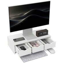 Dual Monitor Stand Riser With 2 Drawers, Adjustable Length And Angle, 116cm Monitor Riser Laptop, Computer, PC, Small Printer, Black - White + Engineered Wood - View 1