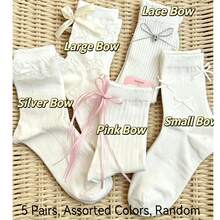 1/5 Pairs White Girls' Summer Mid-Calf Socks, Japanese Cute JK Style, Thin Lace Bow Ballet Design - White - View 8