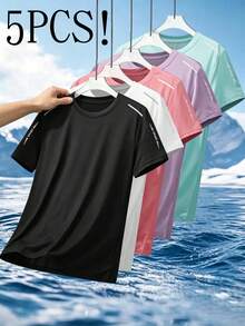 [5pcs]Women's New Quick-Dry Short Sleeve T-Shirts, Multi-Color Round Neck With Reflective Shoulder Stripes, Ice-Feel Breathable Mesh Fabric, High Elasticity Loose Fit Slimming, Commute, Jogging Fitness Essential, Versatile Solid Color T-Shirts Suitable For Daily Wear, Outdoor Hiking, Yoga Fitness, Practical Gift For Girlfriend, Best Friend, Mom - Multicolor - View 5