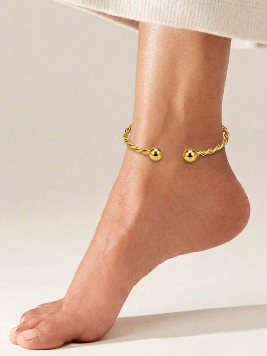 XYHEALER 1pc Minimalist Gold Women's Twisted Rope Open Adjustable Anklet, Ball End, Gold Foot Jewelry, Suitable For Beach, Party, Holiday - Multicolor - View 1