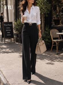 YIU Women's Black Woven Fabric Wide Leg Pants, Gold Buckle Detail, Medium Stretch Basic Long Pants - Black - View 5
