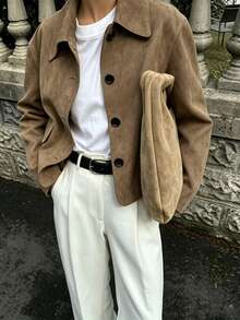 Women's Vintage Brown Knit Collar Jacket With Pockets, Long Sleeve Regular Length, Suitable For Autumn/Winter - Brown - View 6