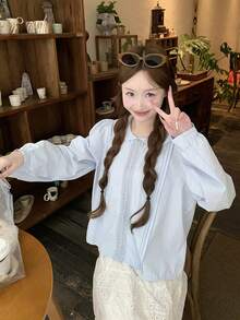 Korean Style Spring New Solid Color Top With Bowknot And Lace Design, Sweet Preppy Blouse - Blue - View 3