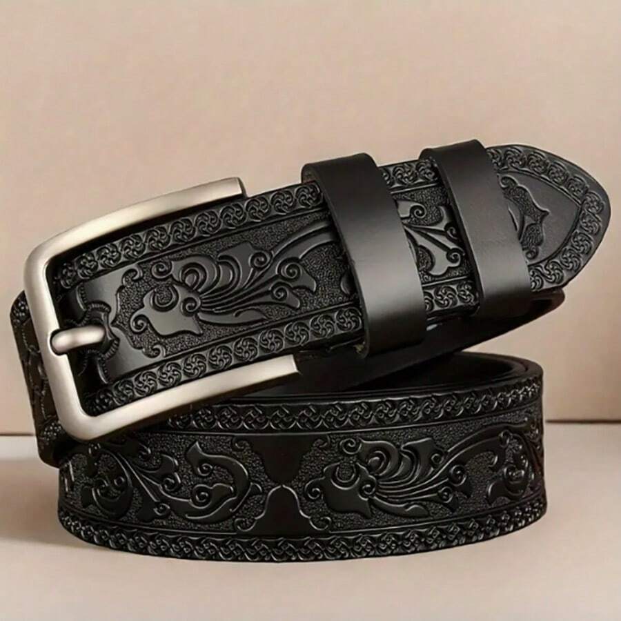 Vintage Men's Belt With Embossed Design And Alloy Buckle, Practical And High-Quality - Black - View 1