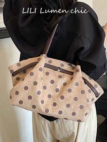 Polka Dot All-Over Print With Leather Patchwork Detail Decoration, Large Compartment For Storing Various Items, Vintage Style Handbag For Women, Shopping, Commuting And Travel, Long Handle Design, Simple Large Capacity Tote Bag - Khaki - View 7