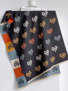 1PC Women's Autumn/Winter Double-Sided Faux Cashmere Floral Jacquard Warm Scarf Shawl Suitable For Daily Wear - Black - View 3