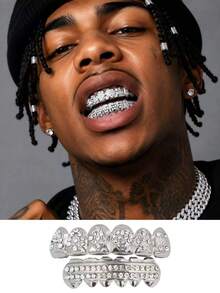 2件組金色牙套 Grillz，鑲鑽冰感嘻哈牙飾，亮金牙套時尚配件，適合男女派對佩戴 - 彩色 - 查看 3