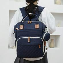Ransel Ibu Bergaya dengan Lapisan Quilted dan Kapasitas Besar; Tas Popok Multifungsi untuk Bepergian bagi Ibu; Tas Popok Ringan dengan Banyak Kompartemen dan Kantong untuk Snack & Empeng - Navy Blue - View 5