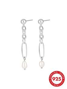 Women's Elegant Chain Freshwater Pearl Drop Earrings 925 Sterling Silver Fashion Designer Jewelry - Silver - View 8