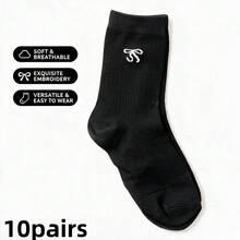 1/3/5/10/18 Pairs Women's Cute Bow Embroidery Mid-Calf Socks, Soft And Breathable, Non-Binding, Suitable For Daily Sports And Casual Wear - Black - View 7