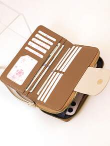 Women's Mini Handheld Phone Wallet, Exquisite Snap Closure Colorblock Patchwork Soft PU Long Wallet, Multifunctional Large Capacity Card Holder, Zipper Coin Purse, Lightweight And Fashionable - Brown - View 5