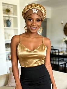 1pc Tenderness Of Exclusive Letters A-Z Customized Hair Cap Textured Design Home Sleep Hair Care Cap Premium Quality - Gold - View 4
