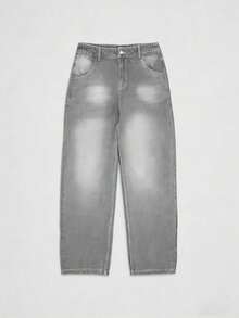 Men's Vintage Black Washed Denim Jeans, New High‑Street Curved‑Blade Design Loose Drapey Trousers For Autumn & Winter - Grey - View 5