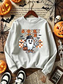Boys Halloween Sweatshirt, Monster Ghost Pumpkin Bat Graphic Crewneck Long Sleeve Pullover, Casual Fall Top For School, Outdoor & Daily Wear - Light Grey - View 2