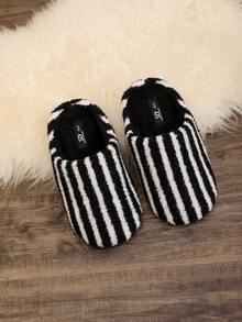 1 Pair Contrast Color Striped Fashion Casual Men's Home Slippers, Soft, Lightweight, Warm, Autumn/Winter, Couple Style - Black and White - View 2