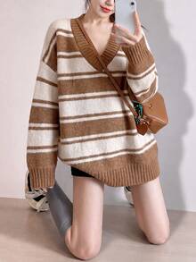 Women's New Autumn/Winter Casual Striped V-Neck Pullover Sweater - Khaki - View 4