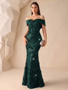 Elegant Off-Shoulder 3D Floral Sequin Mermaid Hem Deep Green Formal Evening Gown, Party Wedding Guest, Graduation Ceremony, Holiday, Autumn - Dark Green - View 1