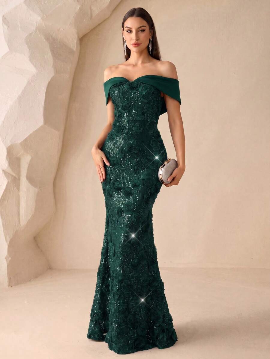 Elegant Off-Shoulder 3D Floral Sequin Mermaid Hem Deep Green Formal Evening Gown, Party Wedding Guest, Graduation Ceremony, Holiday, Autumn - Dark Green - View 1
