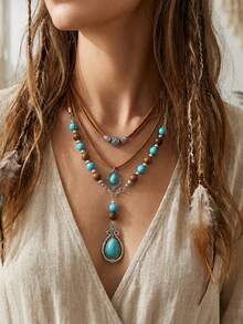 2pcs/Set Bohemian Turquoise Teardrop Layered Necklace Set, Vintage Stackable Necklace, Luxury Beaded Women's Jewelry, Suitable For Daily, Party, Vacation, Gift - Multicolor - View 4